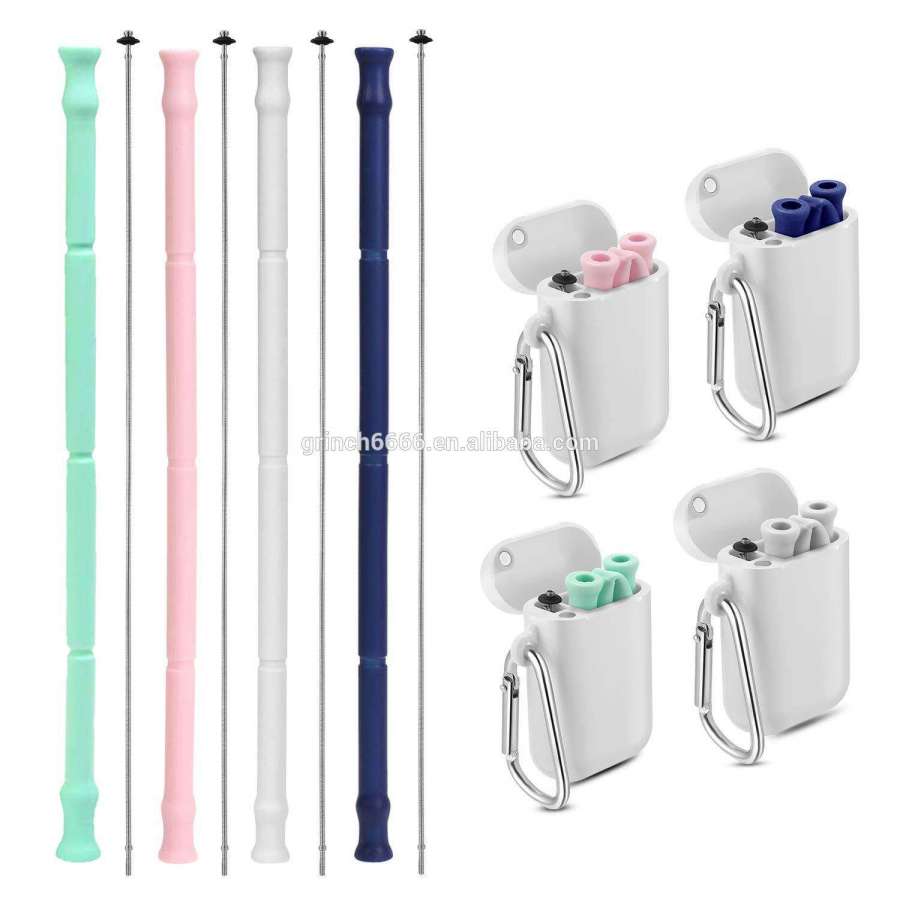 Reusable Silicone Collapsible Straws Portable Drinking Straw with Carrying Case and Cleaning Brush, BPA Free